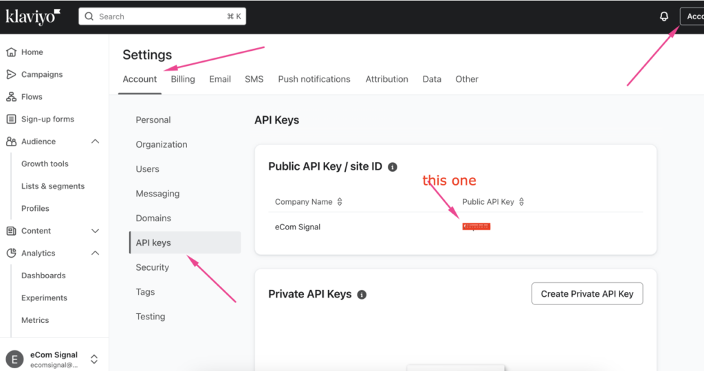 Retrieve Your Klaviyo API Key